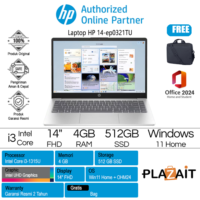 HP 14-ep0321TU - BD0Y7PA /Intel Core i3-1315U/4GB/512GB SSD/Intel UHD Graphics/14″ FHD/Win 11 Home+OH24+M365/Silver/2Y